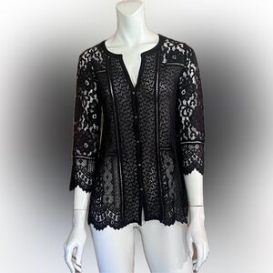 NWT Lucky Brand Women’s Geometric Classic Pattern Lace Blouse Buttons Black SZ S